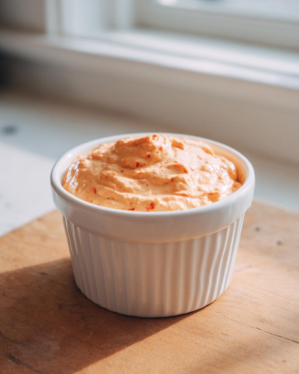 A close-up of creamy, orange-hued smash burger sauce served in a white fluted ramekin on a wooden board.