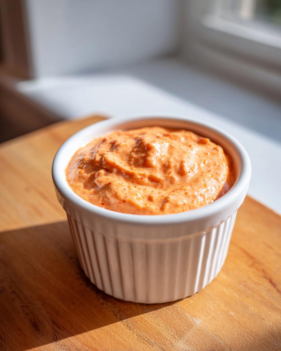 A close-up of creamy, orange-hued smash burger sauce served in a small white fluted ramekin on a wooden board.