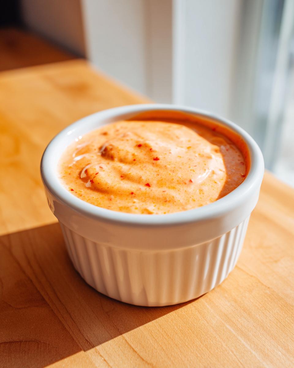 Close-up of creamy, orange-tinted smash burger sauce speckled with red spices in a white ramekin.