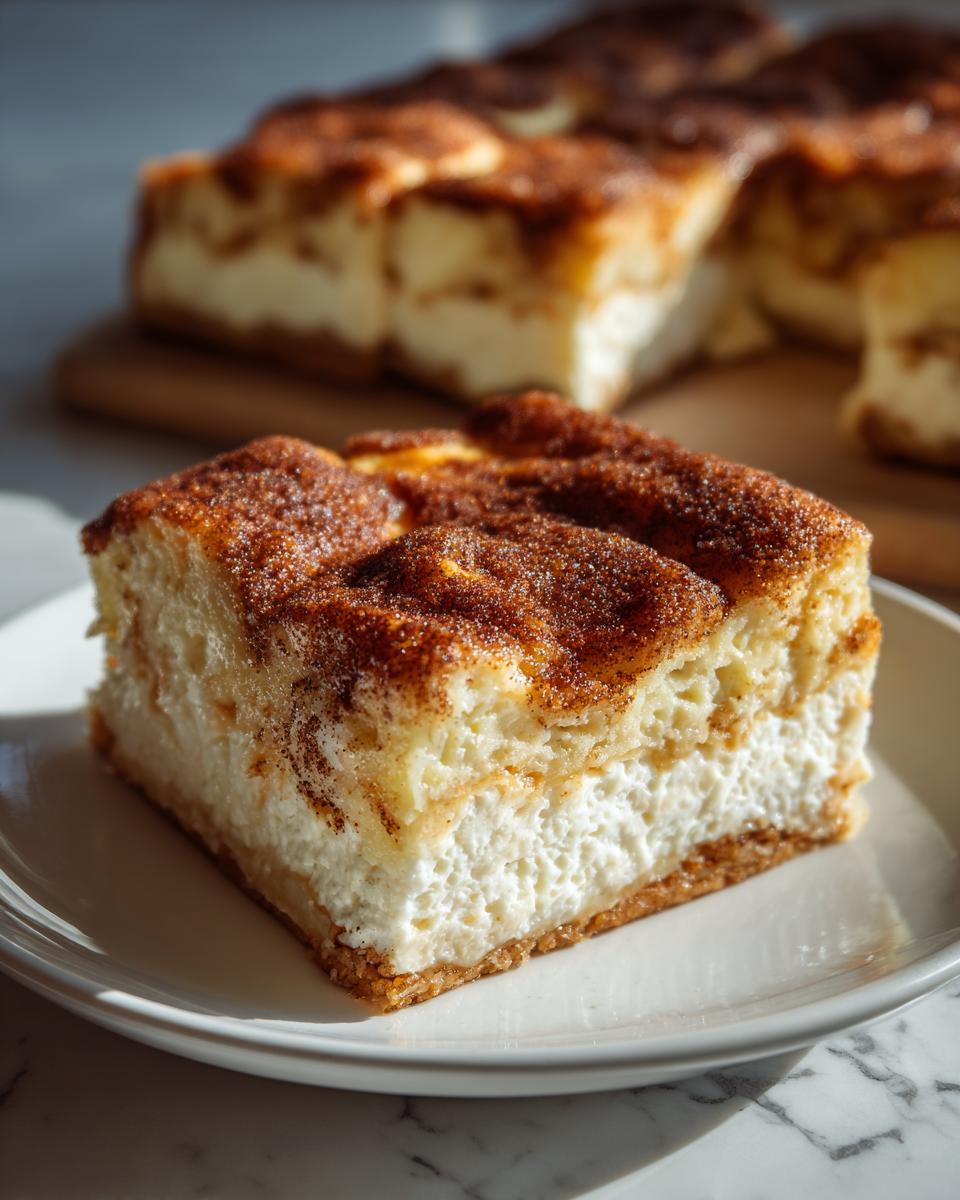 A close-up of a thick, creamy slice of sopapilla cheesecake topped with cinnamon sugar.