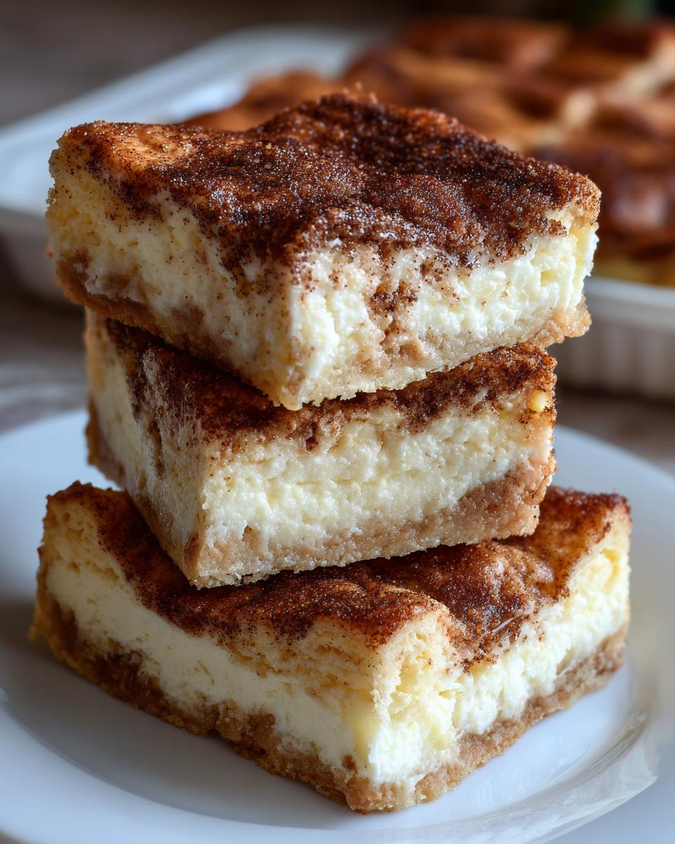 Three stacked squares of rich sopapilla cheesecake topped with cinnamon sugar on a white plate.