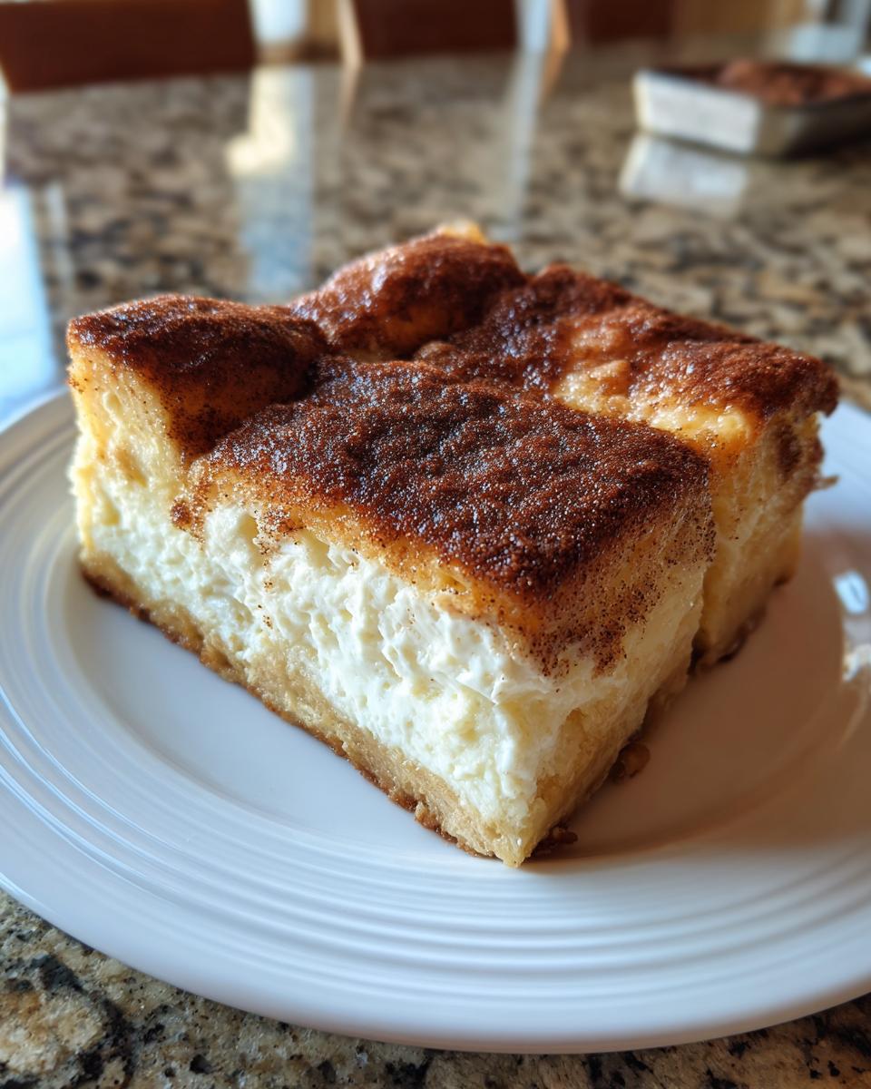 Close-up of two thick squares of sopapilla cheesecake with a creamy filling and cinnamon sugar topping on a white plate.