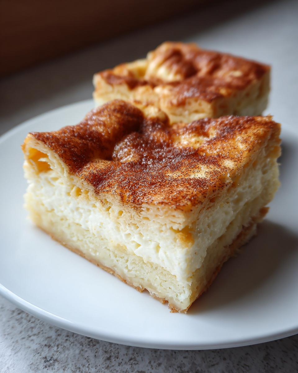 Close-up of a thick, creamy slice of sopapilla cheesecake topped with baked cinnamon sugar.
