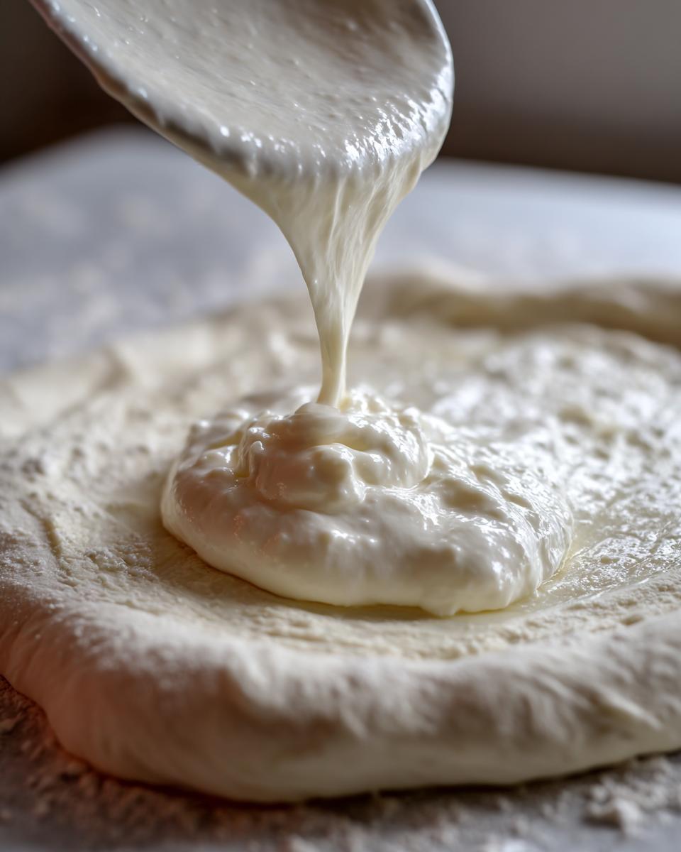A spoonful of thick white pizza sauce is being poured onto raw pizza dough.