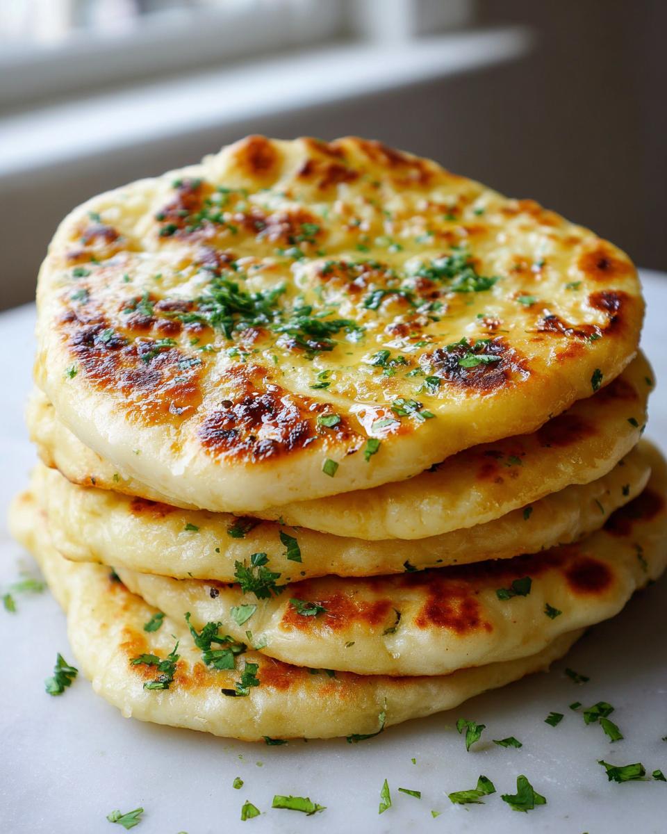 A stack of four golden, fluffy naan bread recipe pieces brushed with butter and topped with fresh chopped parsley.