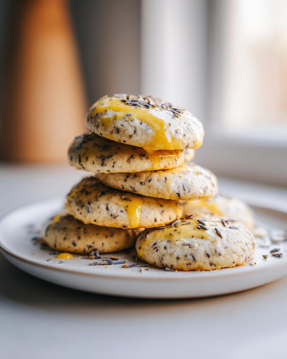 A stack of freshly baked earl grey cookies topped with a bright yellow glaze and scattered tea leaves.