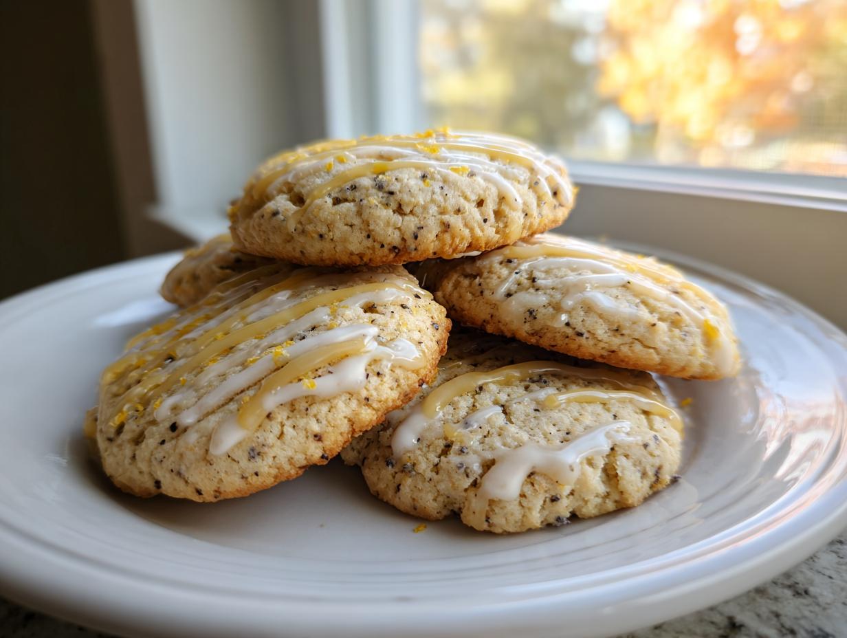 A stack of freshly baked earl grey cookies drizzled with white and yellow glaze and lemon zest.