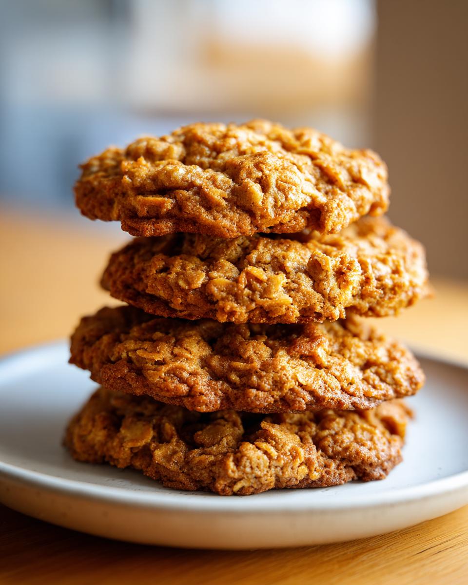 A close-up stack of four chewy, golden brown oatmeal cookies resting on a light gray plate.