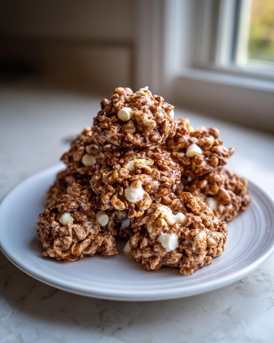 A tempting stack of rich, chocolatey avalanche cookies studded with white chocolate chips, served on a white plate.