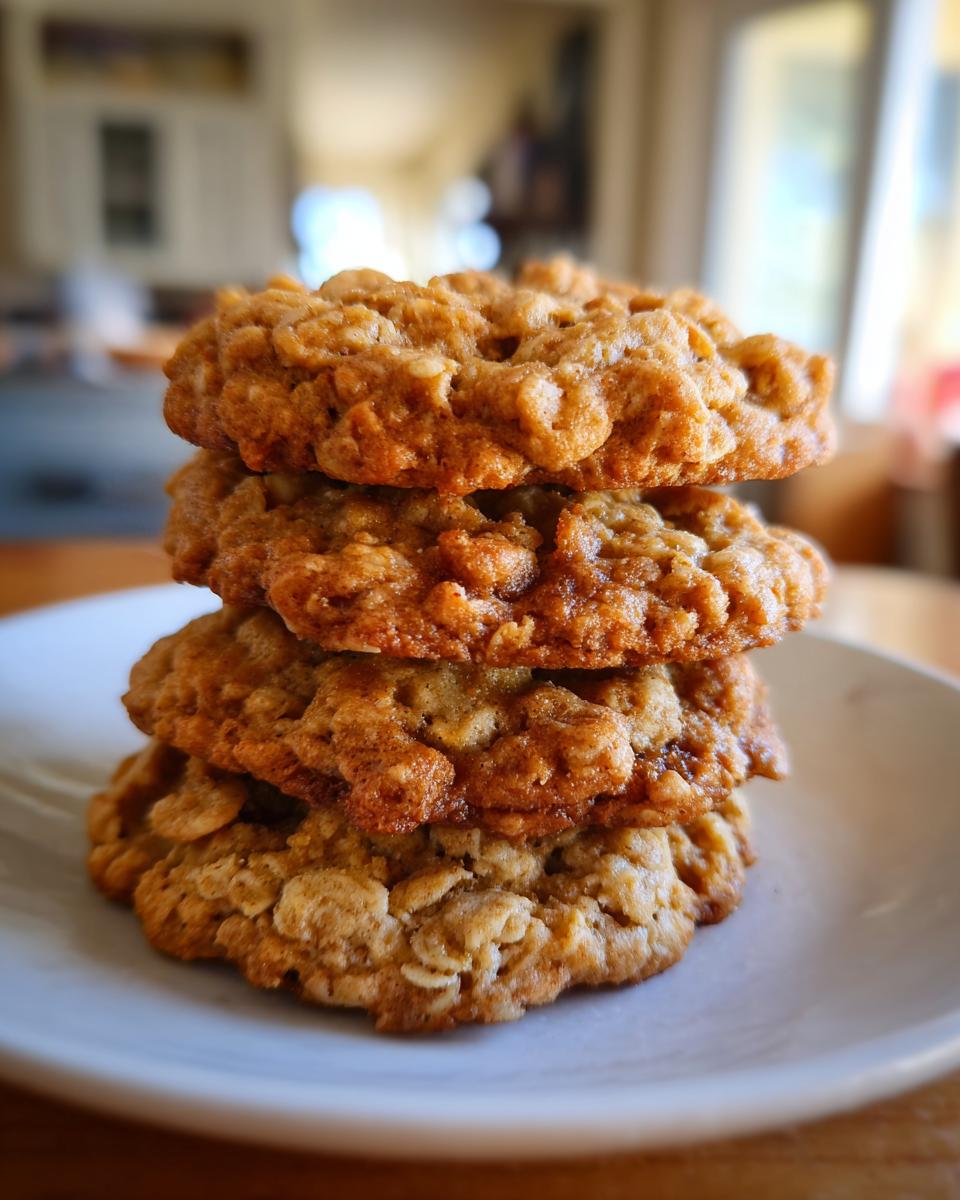 A close-up stack of four golden brown oatmeal cookies resting on a white plate.