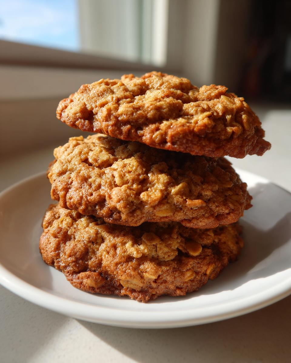 A vertical stack of three golden brown, textured oatmeal cookies resting on a white plate near a window.