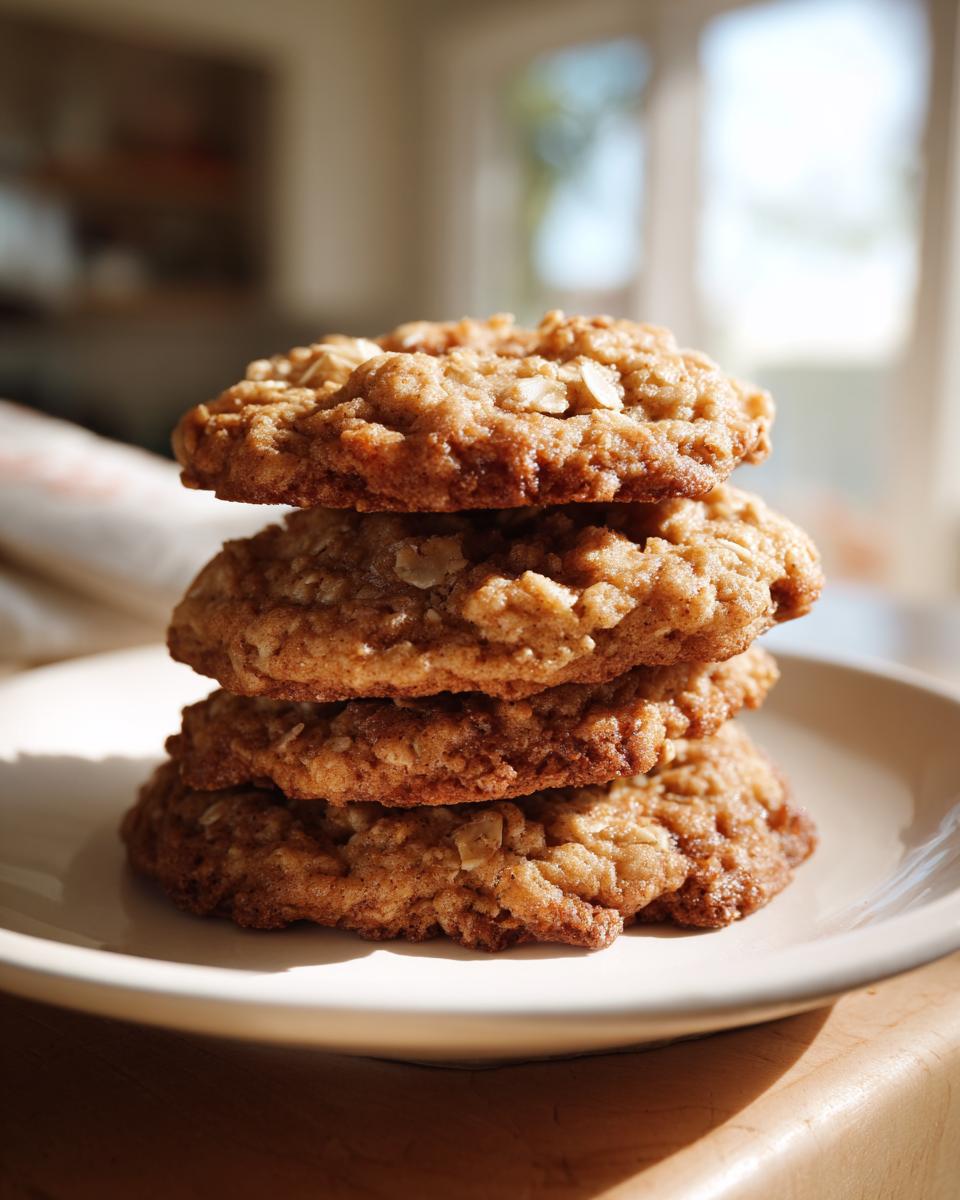 A stack of four golden brown oatmeal cookies resting on a white plate, beautifully lit by natural sunlight.