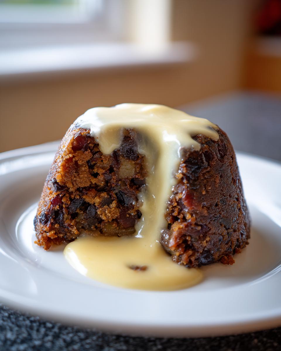 A rich, dark slice of steamed plum pudding topped with flowing vanilla custard sauce on a white plate.