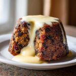 A close-up of a rich, dark plum pudding, cut open and generously topped with flowing vanilla custard sauce.