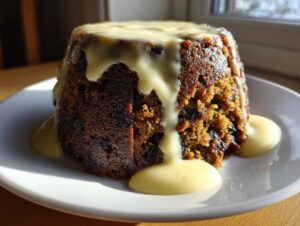 A rich, dark steamed plum pudding served on a white plate, generously covered in flowing vanilla custard sauce.