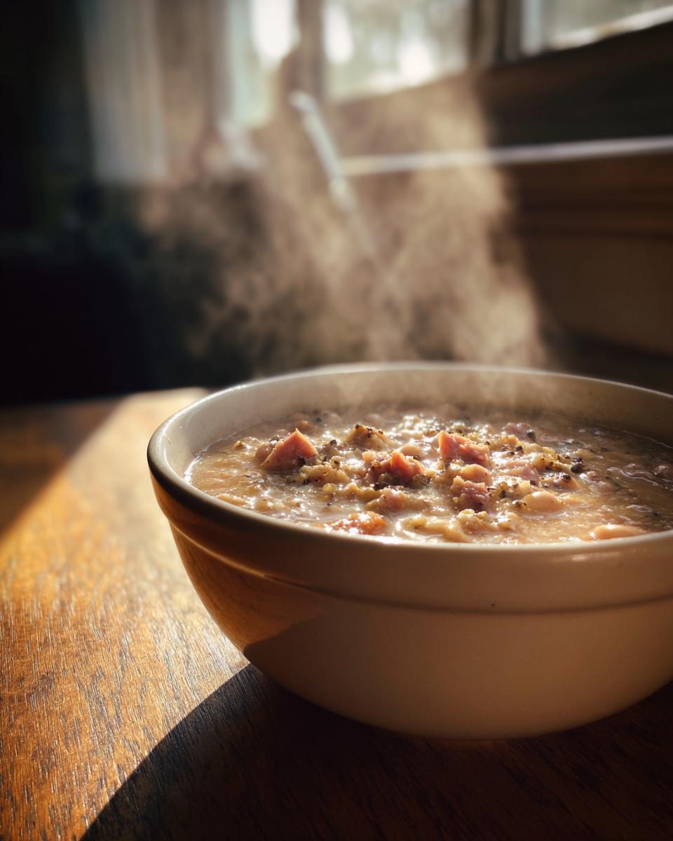 A close-up of a steaming white bowl filled with hearty 15-bean soup topped with ham pieces.