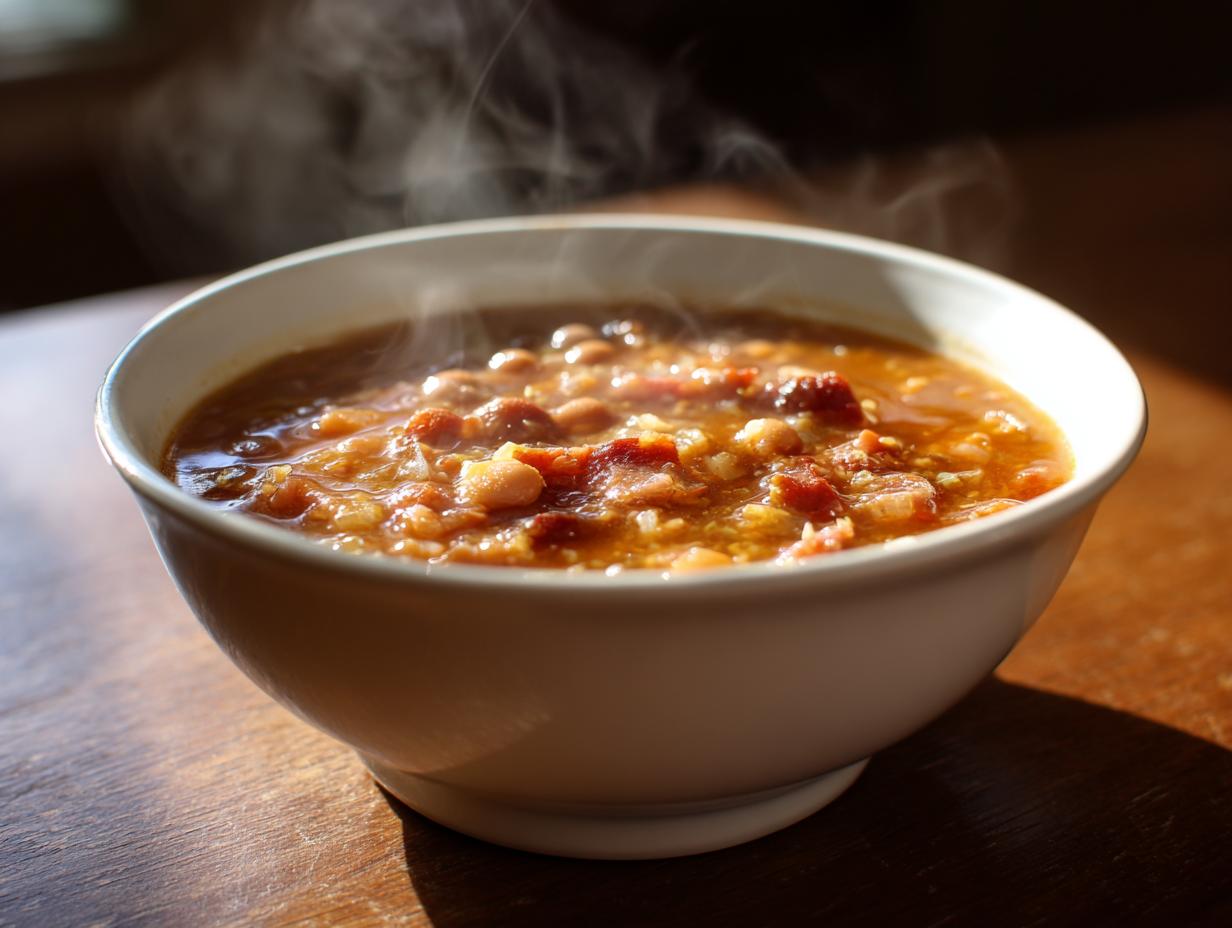 Close-up of a steaming white bowl filled with hearty 15-bean soup, featuring visible beans and savory chunks.
