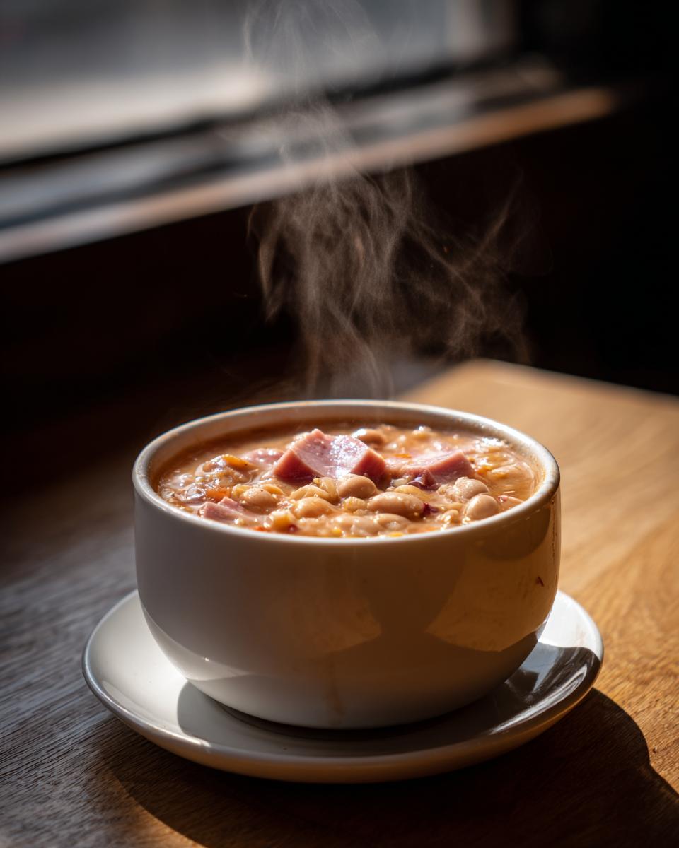 Close-up of a steaming white bowl filled with hearty 15-bean soup topped with chunks of ham.