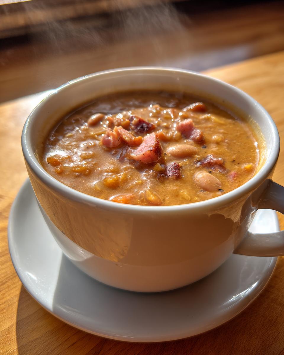 Close-up of a steaming white bowl filled with hearty bean soup topped with chunks of ham, sitting on a saucer.