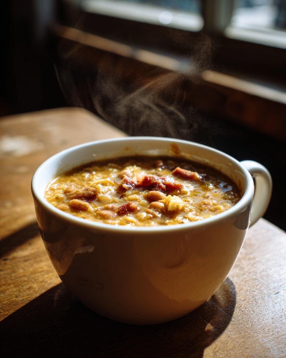 A close-up of a steaming white mug filled with hearty bean soup topped with pieces of ham or bacon.