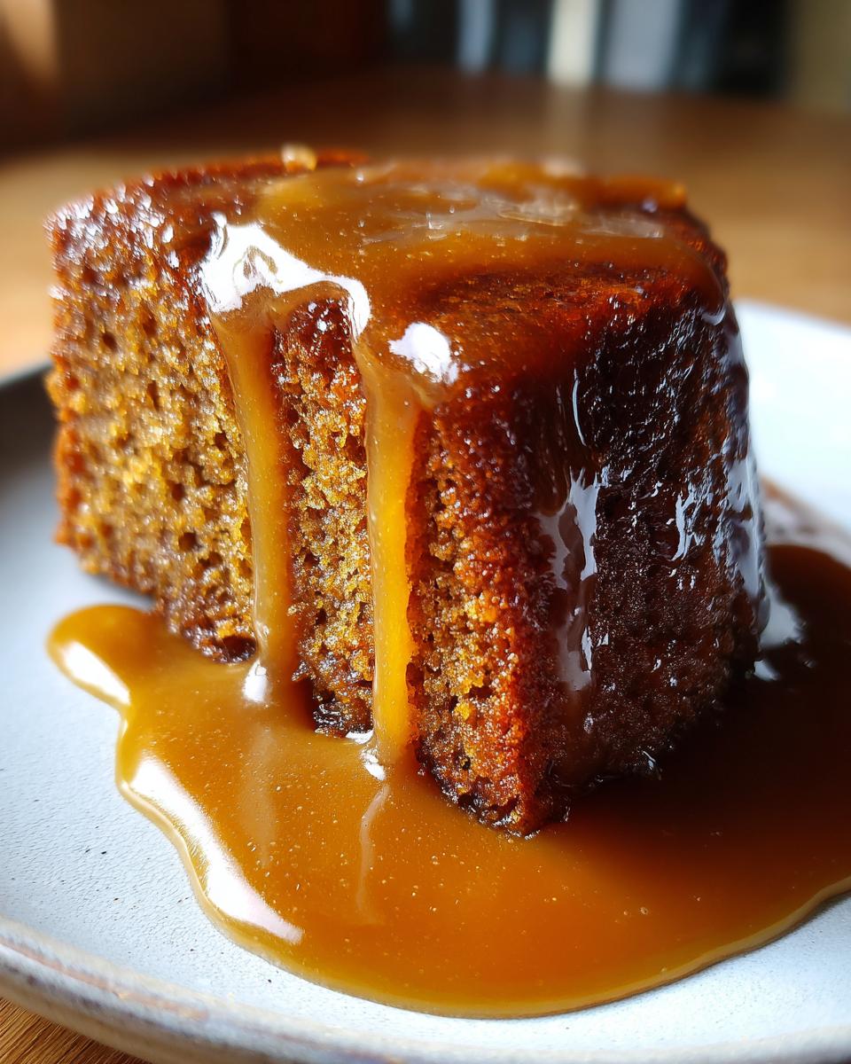 Close-up of a moist slice of sticky toffee pudding recipe drenched in rich, glossy toffee sauce.
