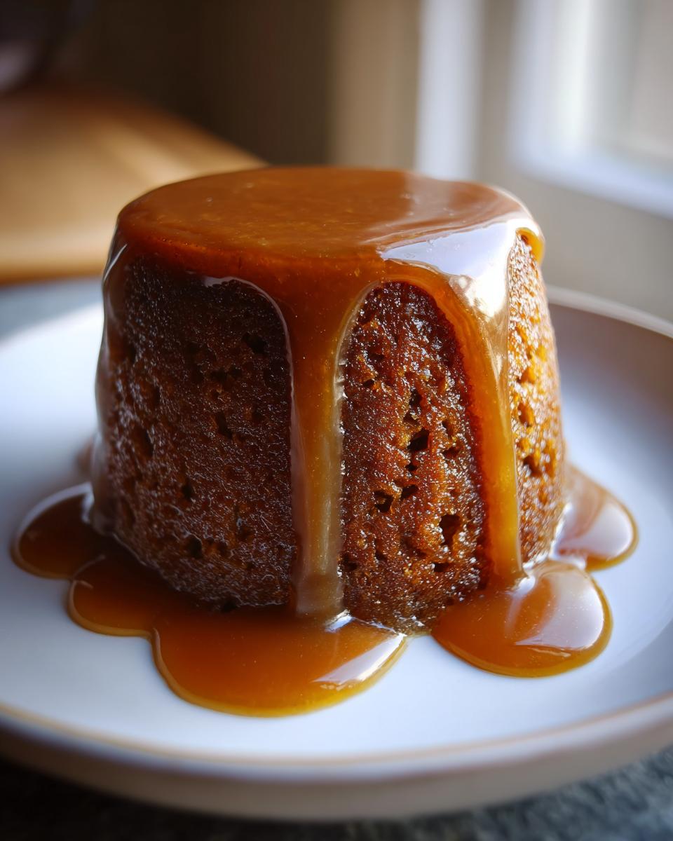 A close-up of a rich, moist sticky toffee pudding recipe covered in glossy caramel sauce dripping onto a white plate.