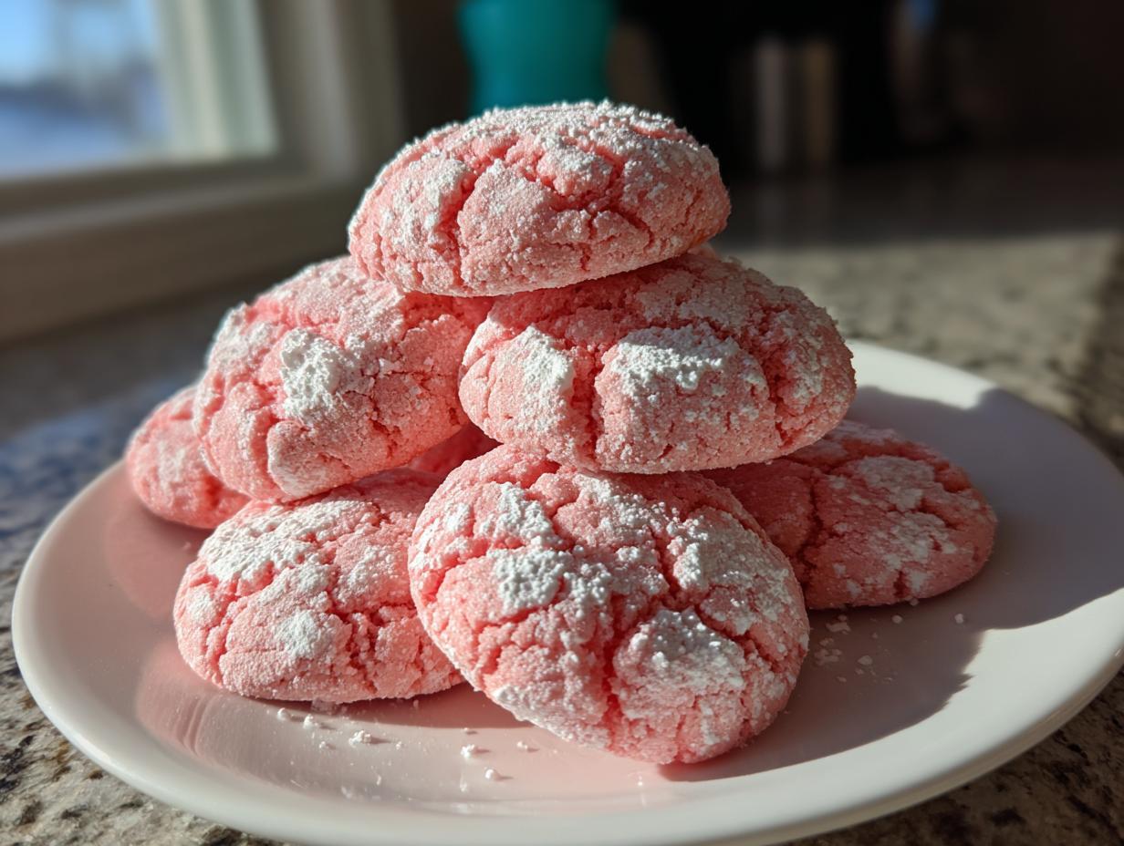 A stack of bright pink, crinkle-textured strawberry cake mix cookies dusted heavily with powdered sugar.