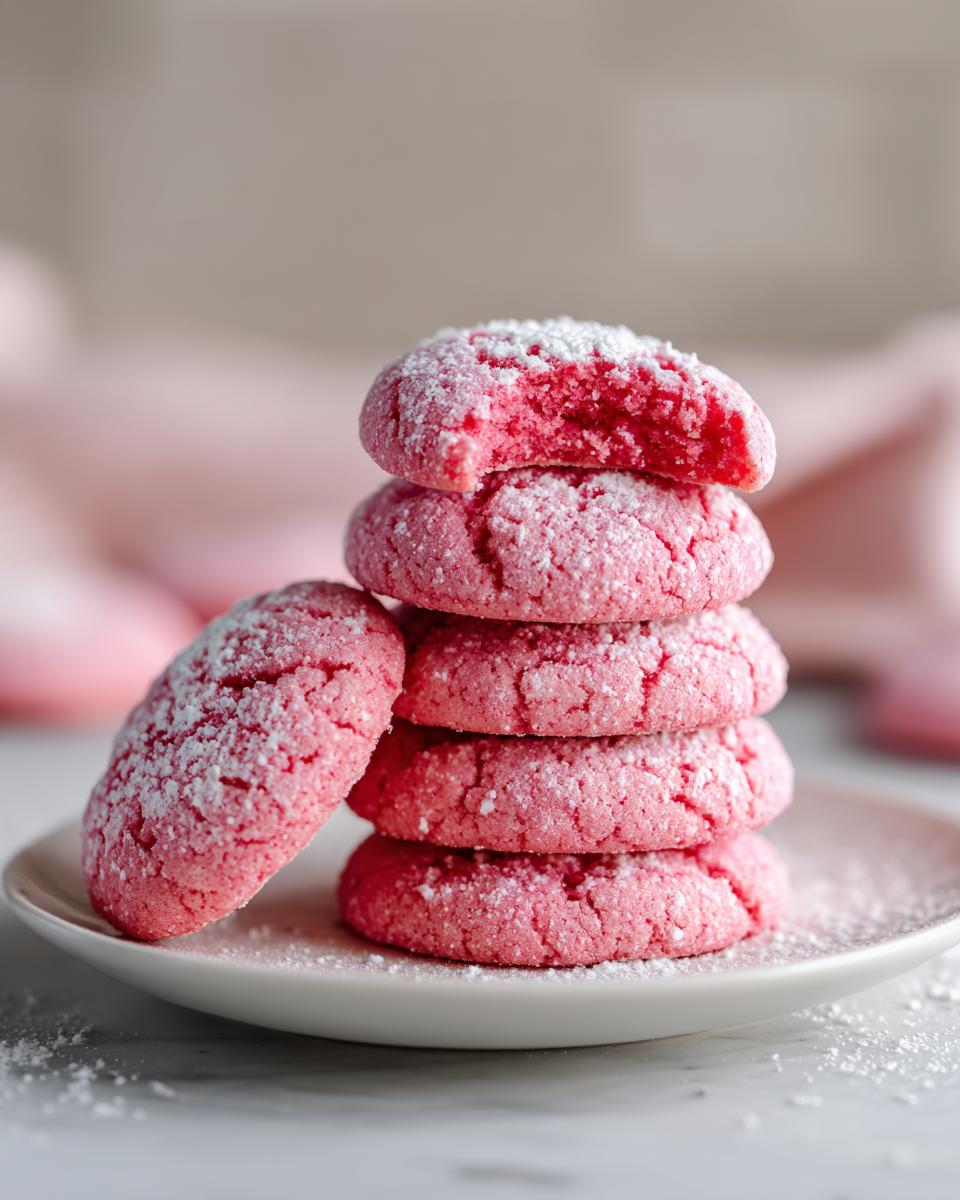 A stack of vibrant pink strawberry cake mix cookies dusted with powdered sugar, one cookie has a bite taken out.