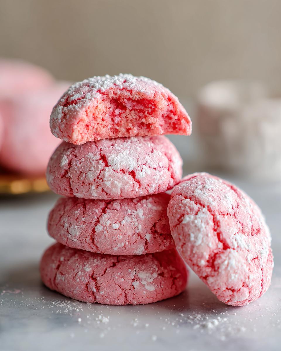 A stack of four bright pink strawberry cake mix cookies dusted with powdered sugar, one cookie broken open to show the soft interior.