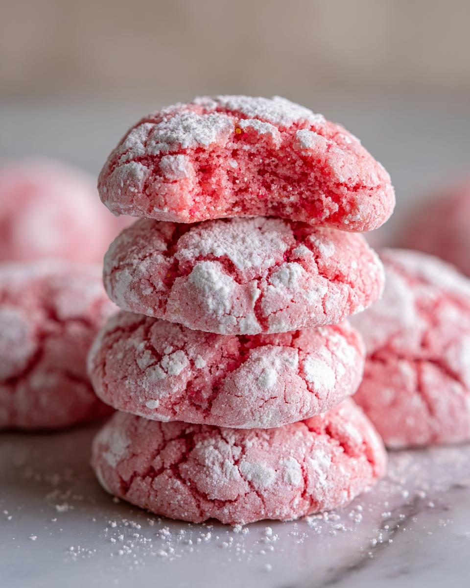 Close-up of a stack of four pink strawberry cake mix cookies dusted heavily with powdered sugar.