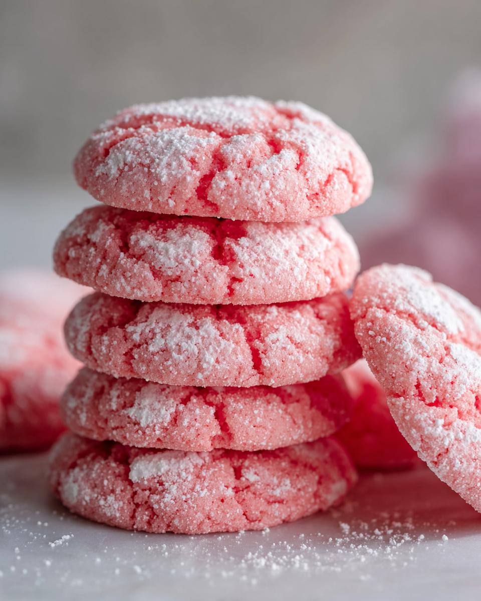 A stack of four bright pink strawberry cake mix cookies dusted heavily with white powdered sugar.