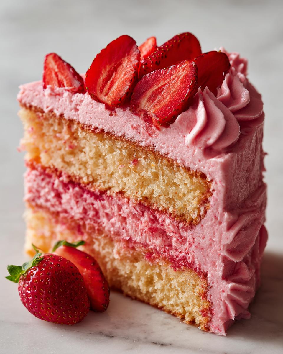 A close-up of a moist slice of strawberry cake with layers of yellow sponge, pink frosting, and topped with fresh sliced strawberries.