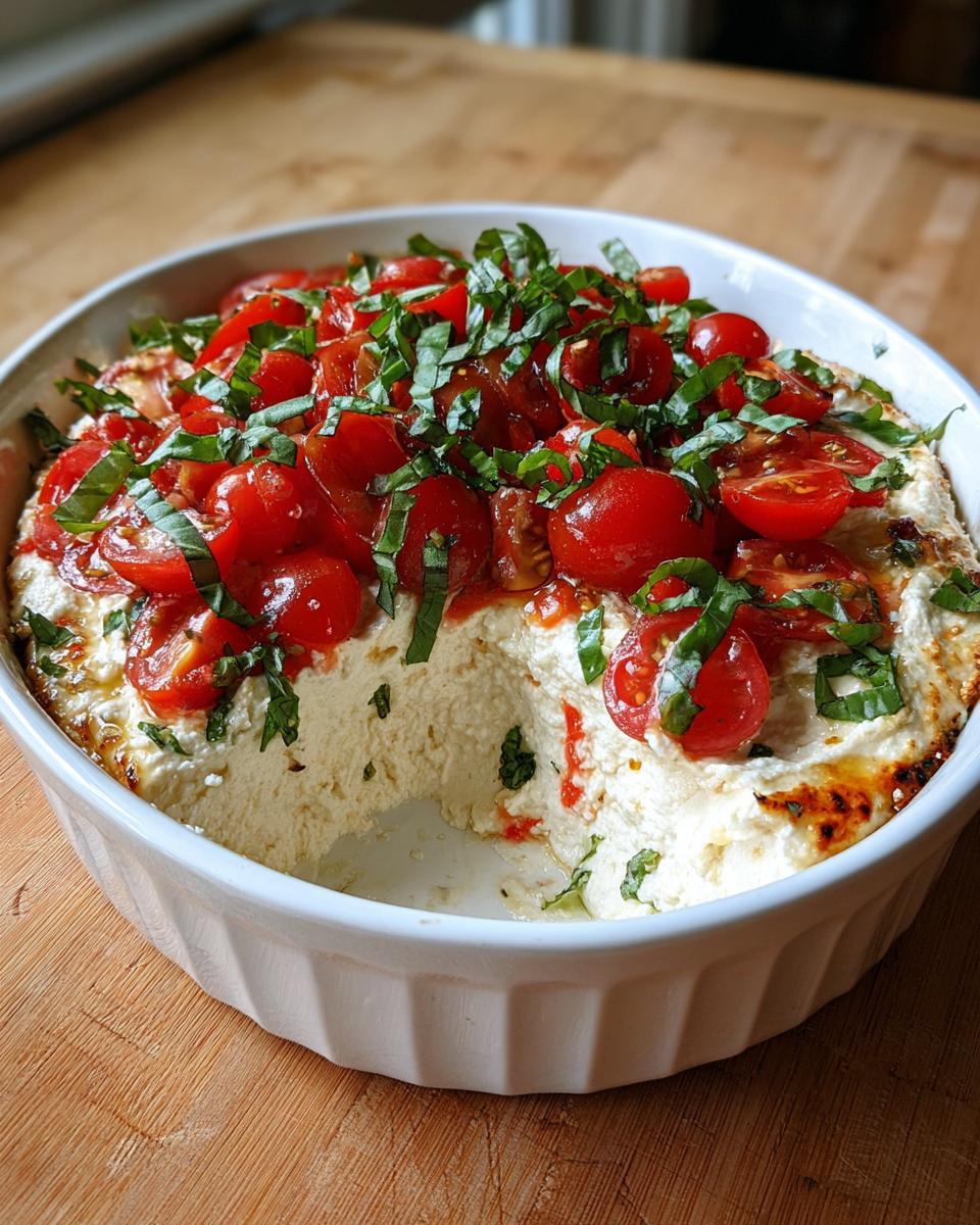A creamy, baked bruschetta dip topped with halved cherry tomatoes and fresh basil, served in a white oval baking dish.