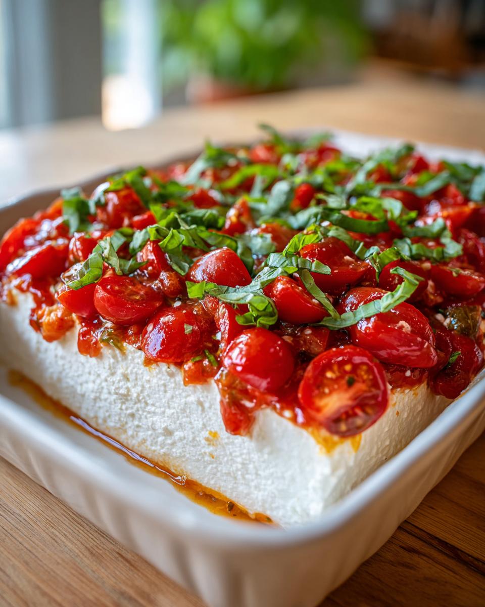 A block of cream cheese topped with marinated cherry tomatoes and fresh basil, ready to serve as bruschetta dip.