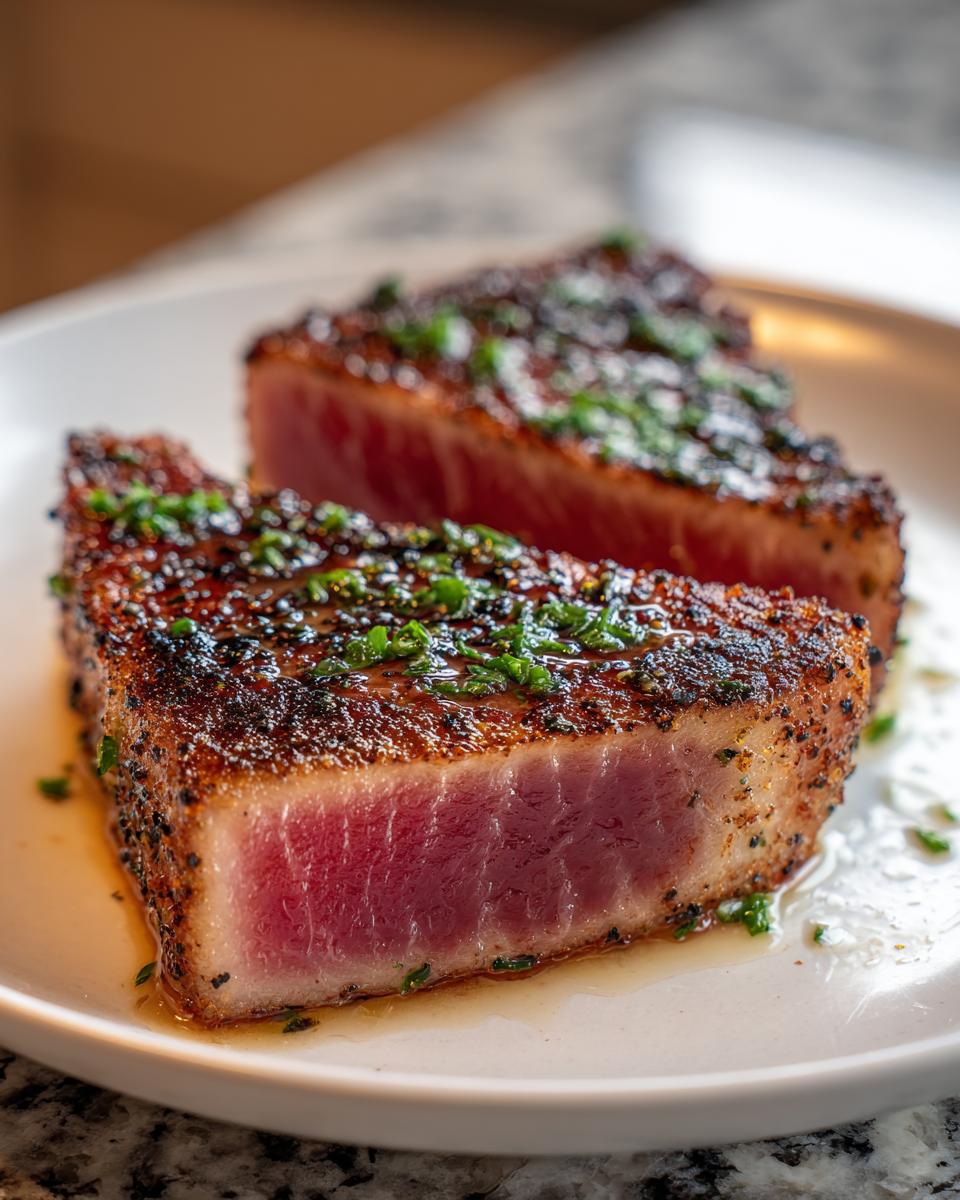 Two thick slices of perfectly seared tuna steak, showing a bright pink rare center and dark crust, garnished with fresh herbs.