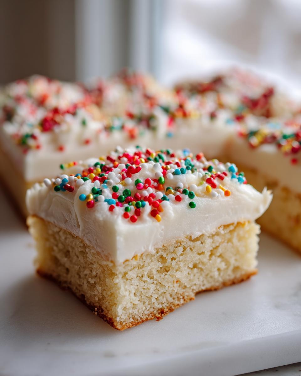 A close-up of a square sugar cookie bars slice topped with thick white frosting and colorful rainbow sprinkles.