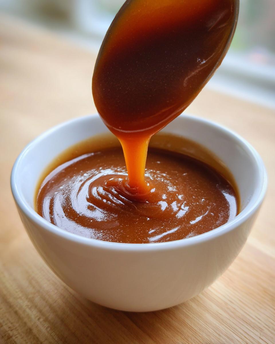 A spoonful of rich, thick homemade brown gravy is drizzled into a white bowl.