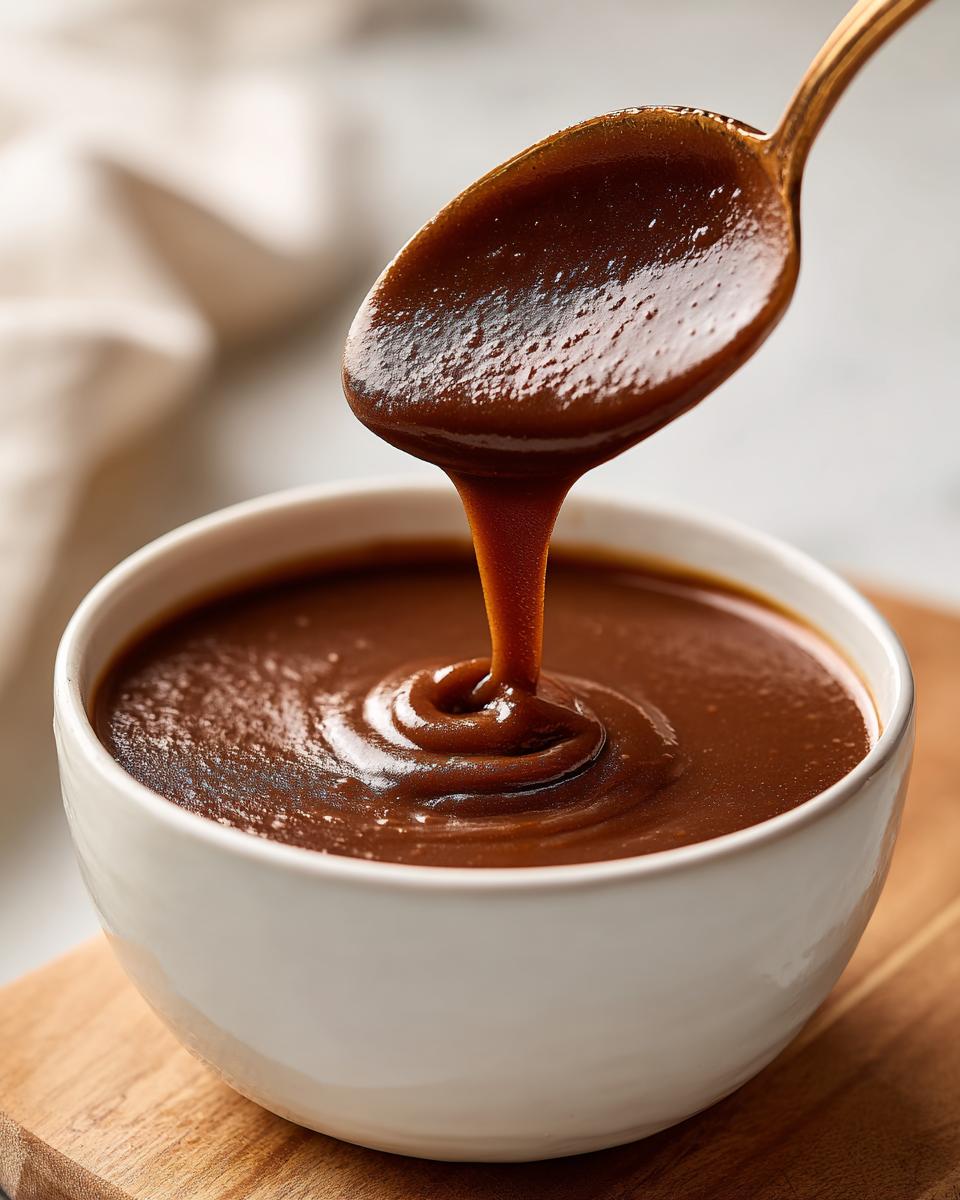 A golden spoon lifts thick, rich homemade brown gravy, which drips back into a white bowl.