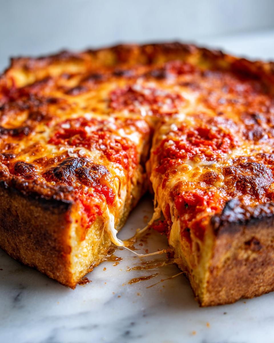 Close-up of a thick, deep-dish style keto pizza crust slice with melted cheese and tomato sauce pulling apart.