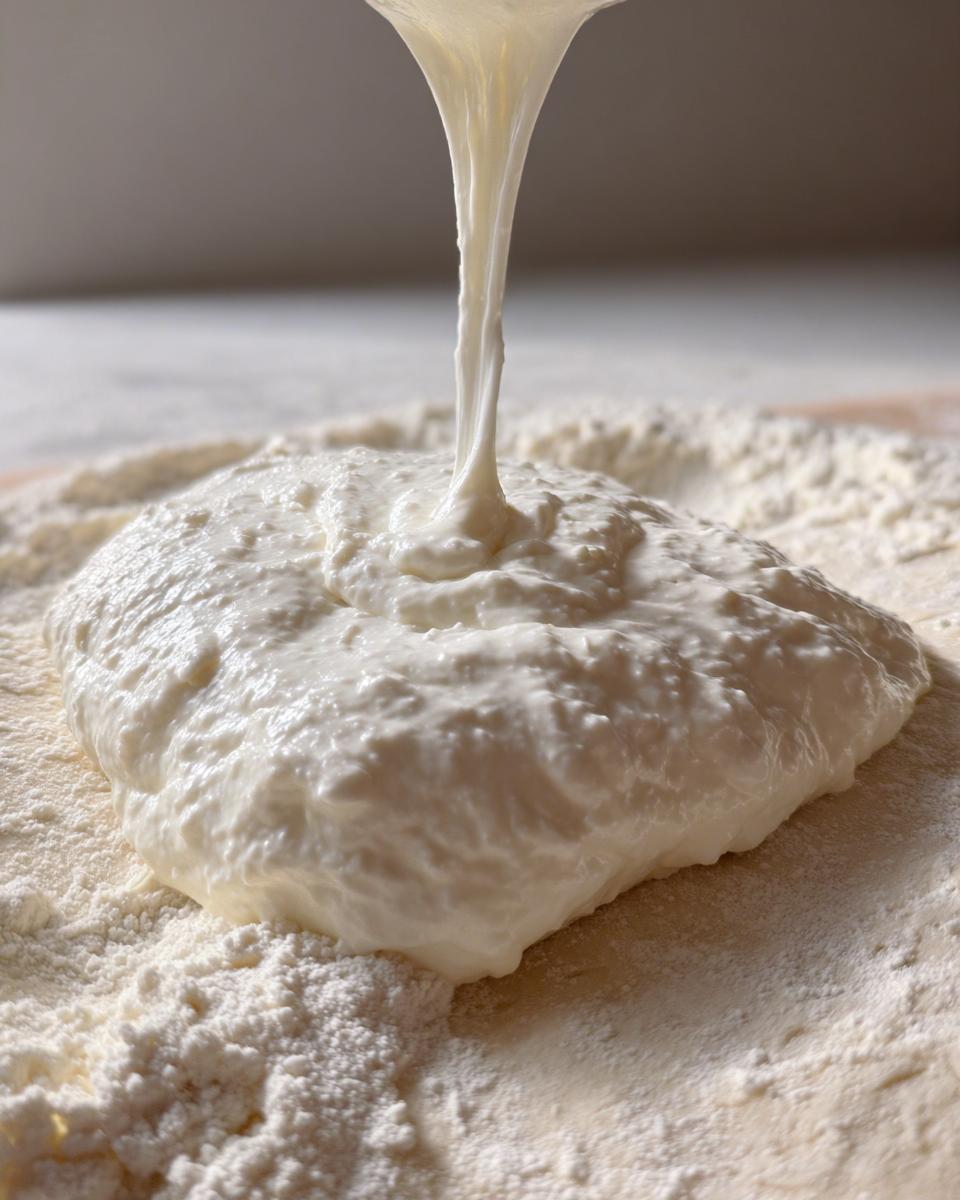 Thick, creamy white pizza sauce being poured from above onto a mound of flour on a surface.