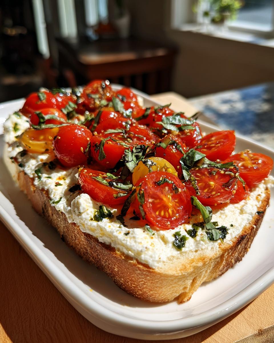 A slice of toasted bread topped with creamy ricotta cheese and halved cherry tomatoes, perfect for serving with bruschetta dip.