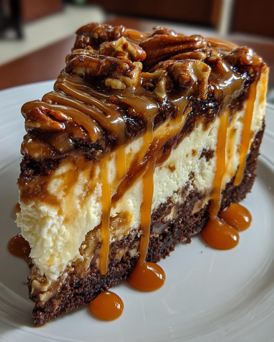 A rich slice of turtle cheesecake featuring a brownie base, creamy filling, pecans, and heavy caramel drizzle.