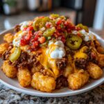 A massive pile of loaded tater tot nachos covered in chili, melted cheese, sour cream, salsa, and jalapeños.