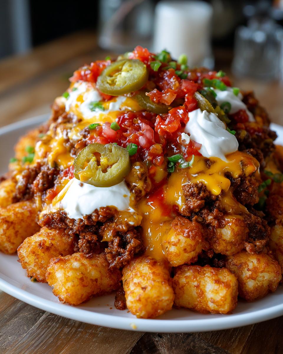 A massive pile of crispy tater tot nachos loaded with chili, melted cheese, sour cream, salsa, and jalapeƱos.