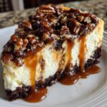 A close-up of a rich slice of turtle cheesecake on a white plate, dripping with caramel sauce and topped with pecans.