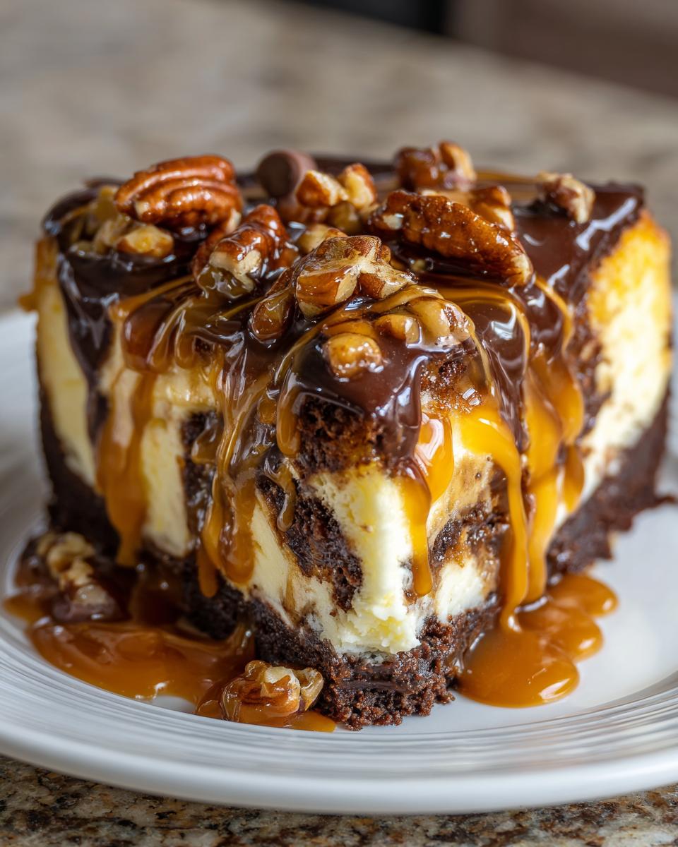 Close-up of a rich slice of turtle cheesecake featuring chocolate, caramel drizzle, and pecans on top.
