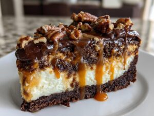 A rich slice of turtle cheesecake featuring a dark crust, creamy filling, chocolate, caramel drizzle, and whole pecans on top.