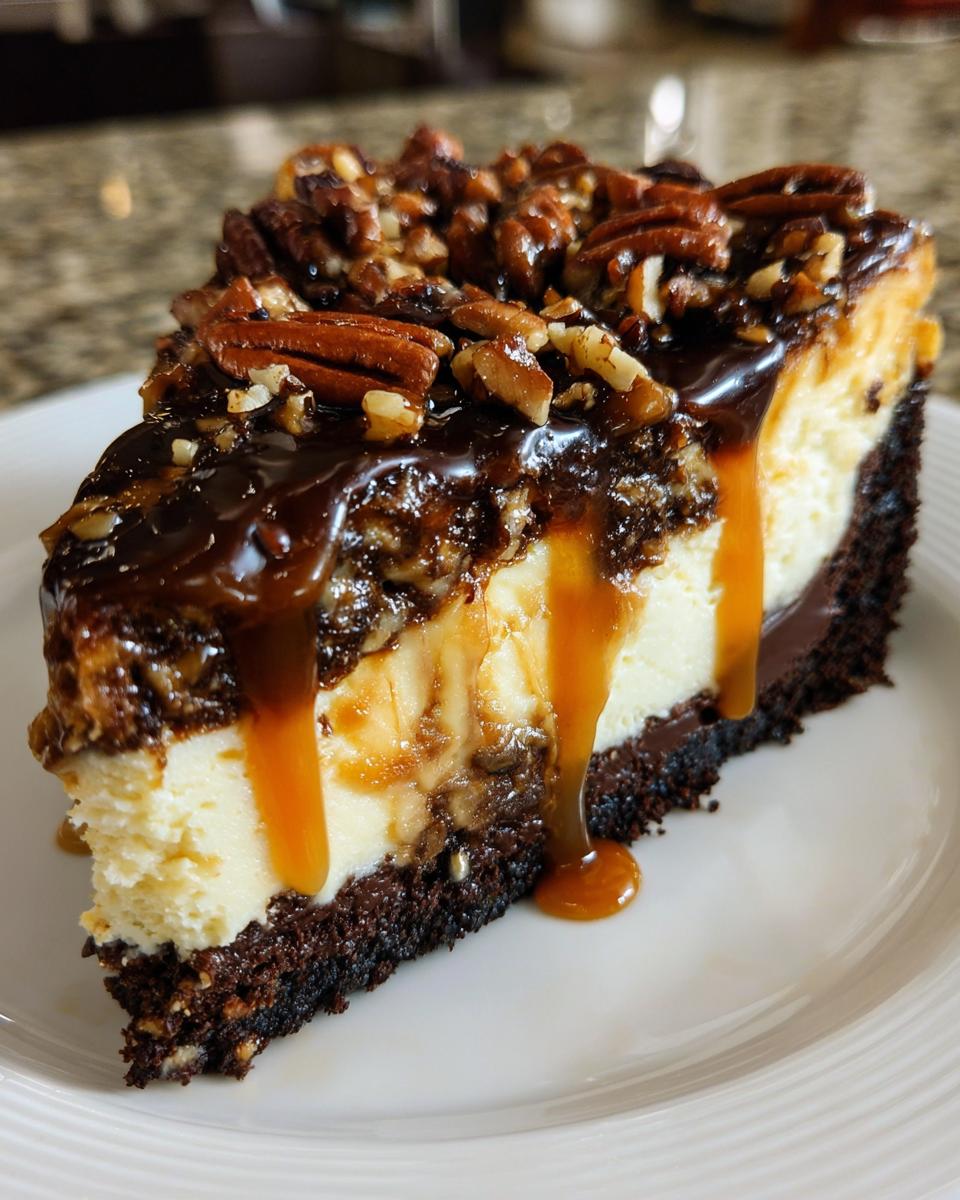 A decadent slice of turtle cheesecake featuring a dark crust, creamy filling, chocolate, caramel drizzle, and whole pecans on top.