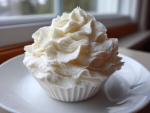 A perfectly piped swirl of creamy vanilla buttercream frosting atop a white cupcake liner, resting on a white plate.