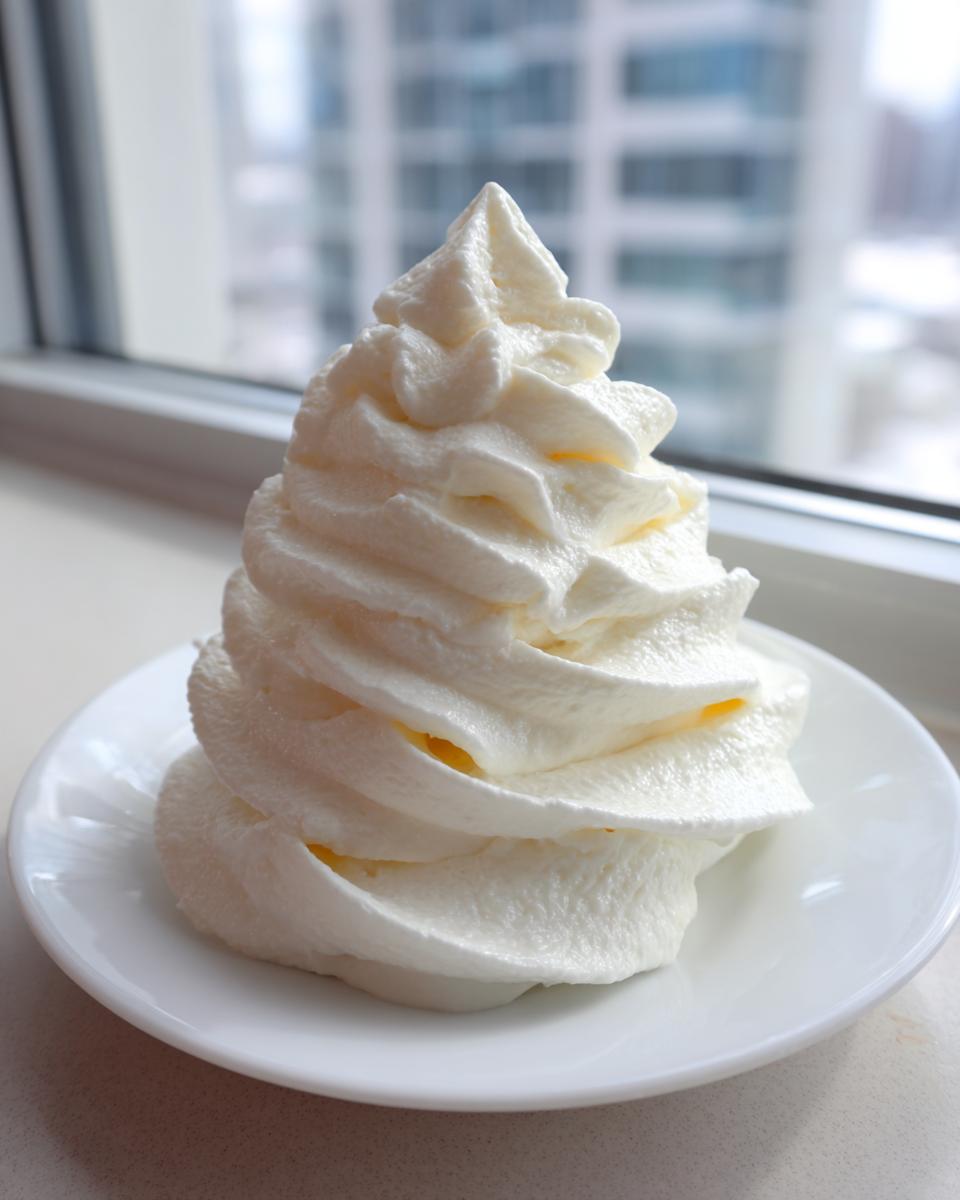 A tall, perfectly piped swirl of fluffy white vanilla buttercream frosting on a small white plate.